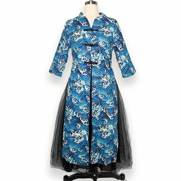 Rare Ukiyo-e Art "The Great Wave off Kanagawa" Print Mandarin Collar Dress - Picture 1 of 7